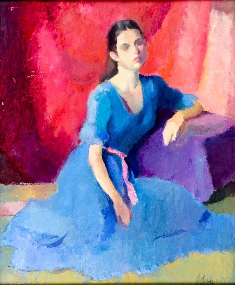 Vintage 20C American oil painting signed: ARTIST: - (American, 20 century) TITLE: Woman in Blue Dress MEDIUM: oil on board CONDITION: Some small scratches/paint losses. No visible inpaint under UV light. Wear to f