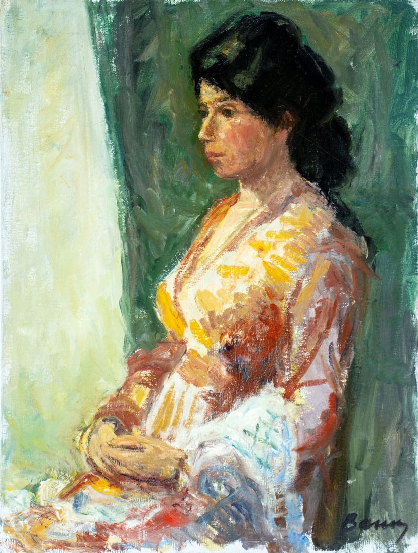 Albert Bela Bauer (Hungary,NY,1899-1998) oil painting: ARTIST: Albert Bela Bauer (Hungarian, New York, 1899 - 1998) TITLE: Portrait of Woman MEDIUM: oil on canvas CONDITION: Minor damages to the upper right corner of canvas. S