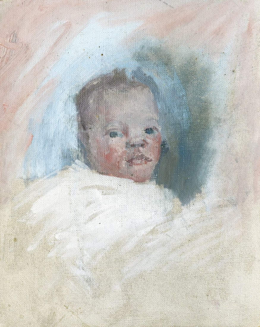 Helen DuMond (NY,CA,OR,1872-1968) oil painting: ARTIST: Helen Savier DuMond (New York, California, Oregon, 1872 - 1968) TITLE: Portrait of Child MEDIUM: oil on canvas board CONDITION: Some warping. Some smal