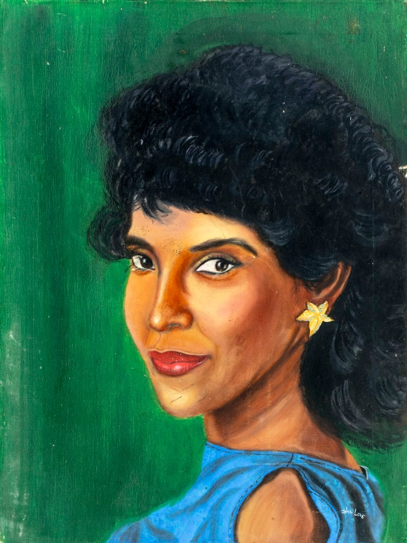 John Love (US,20C) oil painting: ARTIST: John Love (American, 20 century) TITLE: Portrait of Woman MEDIUM: oil on canvas CONDITION: Some small damages to the right egde of the canvas. Minor pain