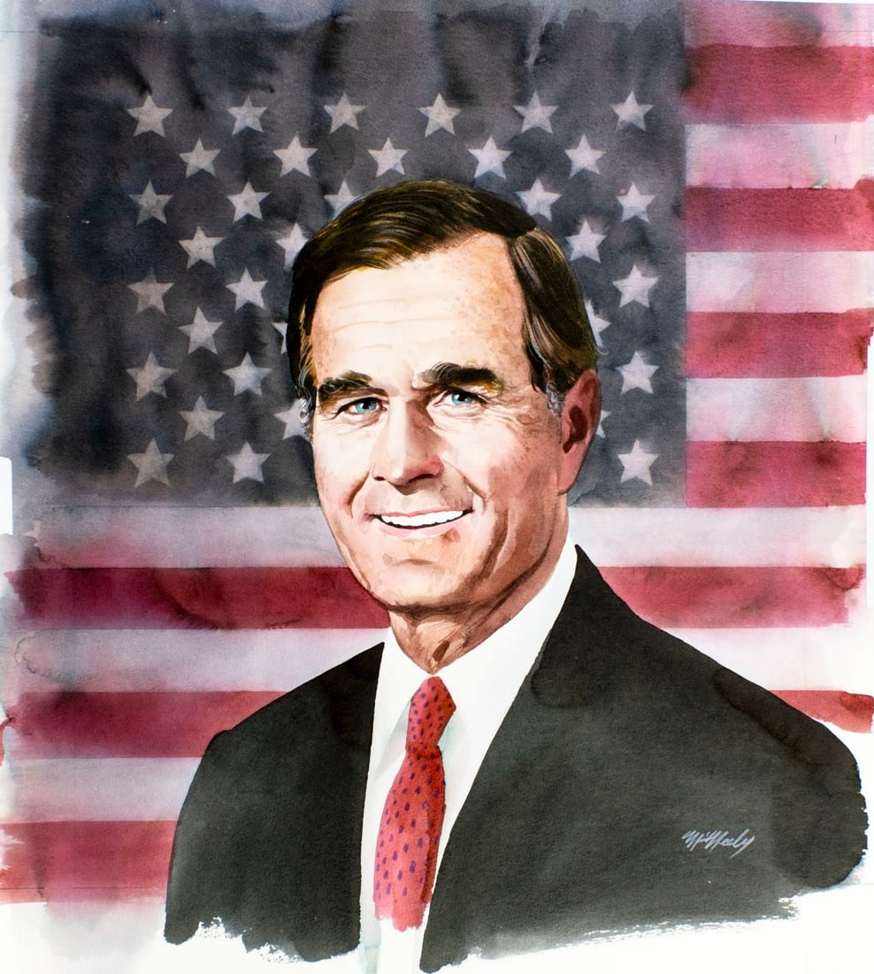 Tom McNeely (Canada,1935-?) watercolor painting: ARTIST: Tom McNeely (Canadian, 1935 - ???) TITLE: Nominees of the Republican Party - President Bush (titled on verso) YEAR: 1988 MEDIUM: watercolor on canvas. Canvas appli