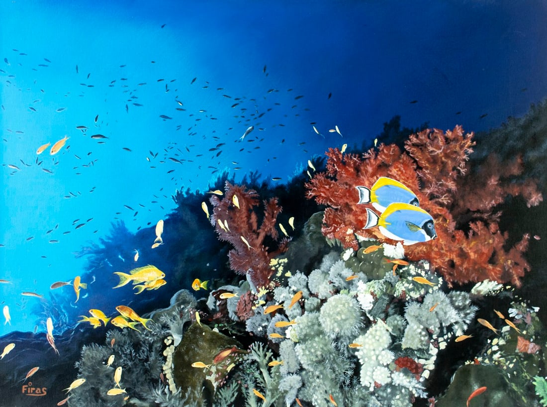 Firas (US,20/21C) oil painting: ARTIST: Firas (American, 20/21 centuries) TITLE: Coral Reef Seascape MEDIUM: oil on canvas CONDITION: Some faint scratches mostly in the upper right quadrant. No