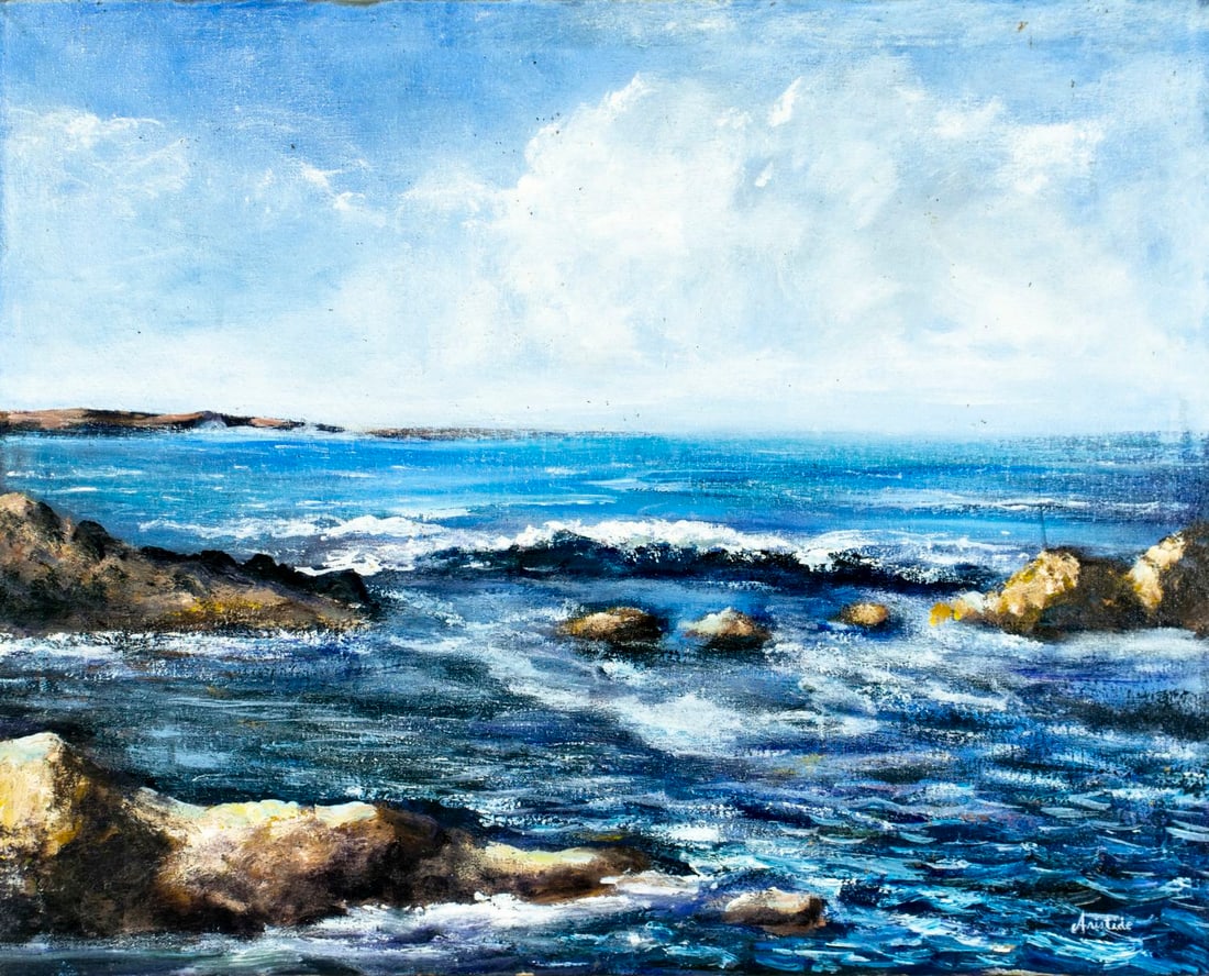 Aristide (US,20C) oil painting: ARTIST: Aristide (American, 20 century) TITLE: Seascape MEDIUM: oil on canvas CONDITION: Some drip marks. Some scratches/paint losses. No visible inpaint under UV light. Nor