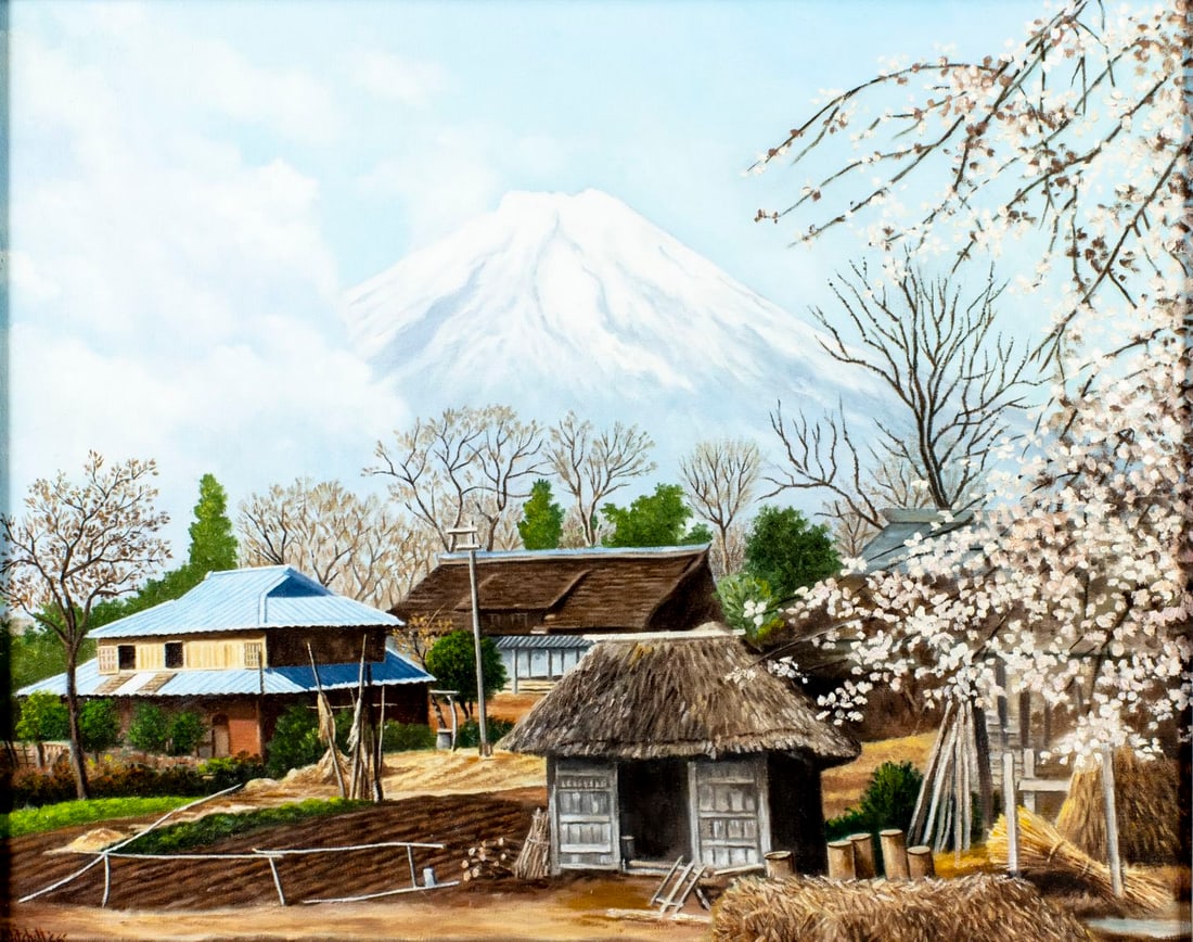 A W Mitchell (DE,mid 20C) oil painting: ARTIST: A W Mitchell (Delaware, mid 20 century) TITLE: Fuji Mountain Landscape with Houses, Japan YEAR: 1966 MEDIUM: oil on canvas CONDITION: Very good.