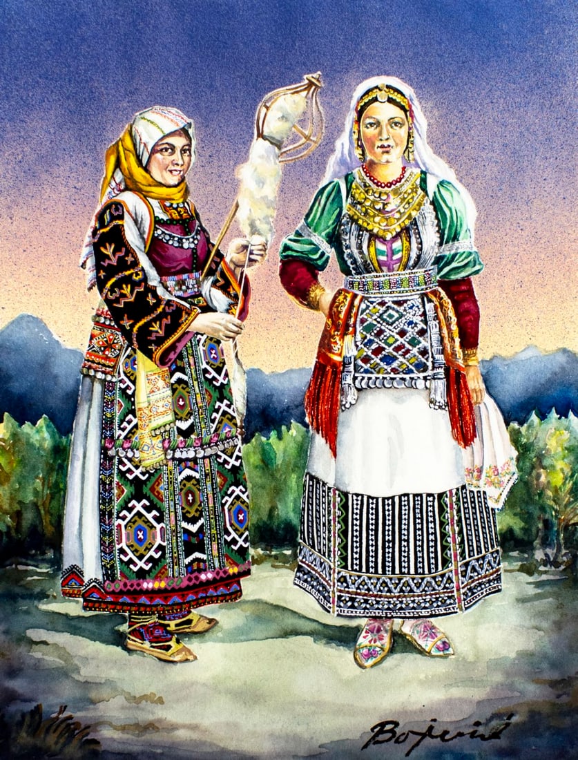 Radomir Bojanic (Yugoslavia,20C) watercolor painting: ARTIST: Radomir Bojanic (Yugoslavian, 20 century) TITLE: National Costumes of Yugoslavia #4 (titled on verso) YEAR: 1986 MEDIUM: watercolor on heavy paper