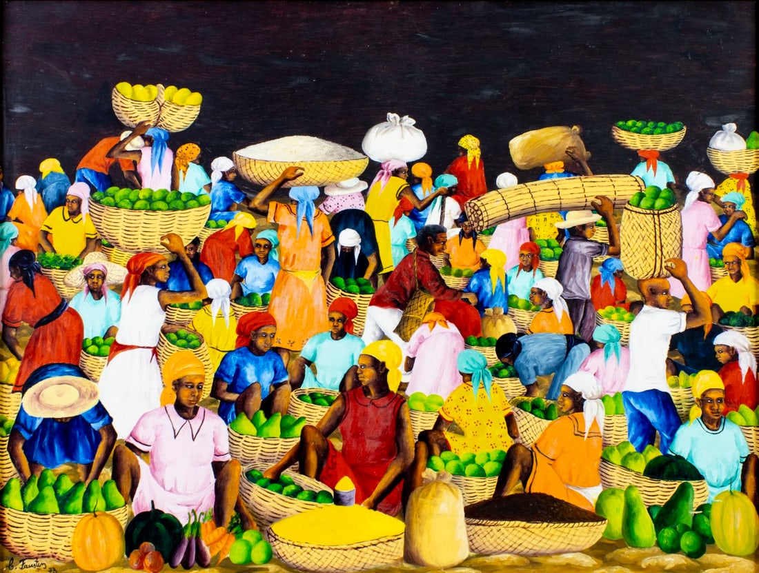 Celestin Faustin (Haiti,1948-1981) oil painting: ARTIST: Celestin Faustin (Haitian, 1948 - 1981) TITLE: Haitian Market Scene YEAR: 1973 MEDIUM: oil on board CONDITION: Few small scratc