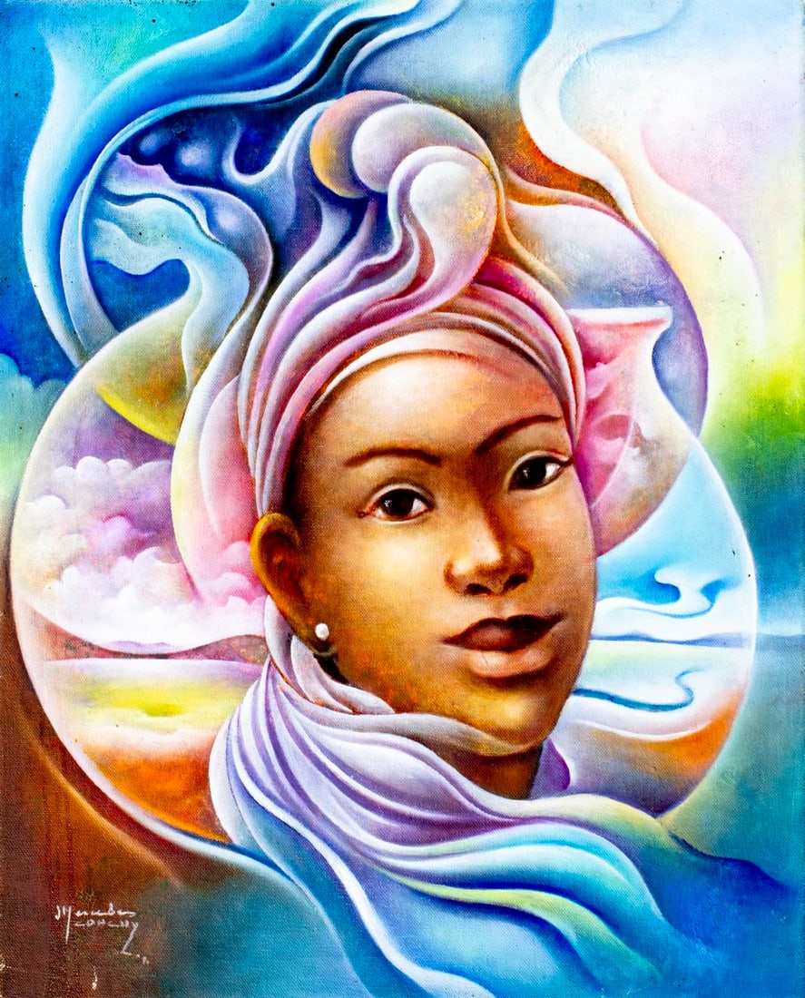 Jean Mercedes Coachy (Haiti,1932-?) oil painting: ARTIST: Jean Mercedes Coachy (Haitian, 1932 - ???) TITLE: Portrait of Haitian Woman MEDIUM: oil on canvas CONDITION: Few small scratches/paint losses mostly along edges. No