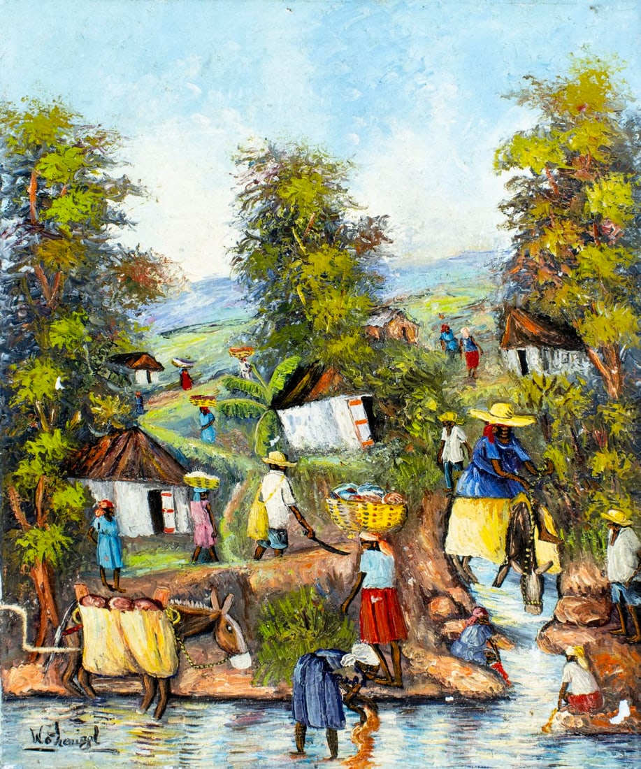 Vintage 20C Haitian oil painting signed: ARTIST: - (Haiti, 20 century) TITLE: Haitian Village Scene YEAR: 2008 MEDIUM: oil on canvas CONDITION: One small patch. Some flaking/paint losses (see