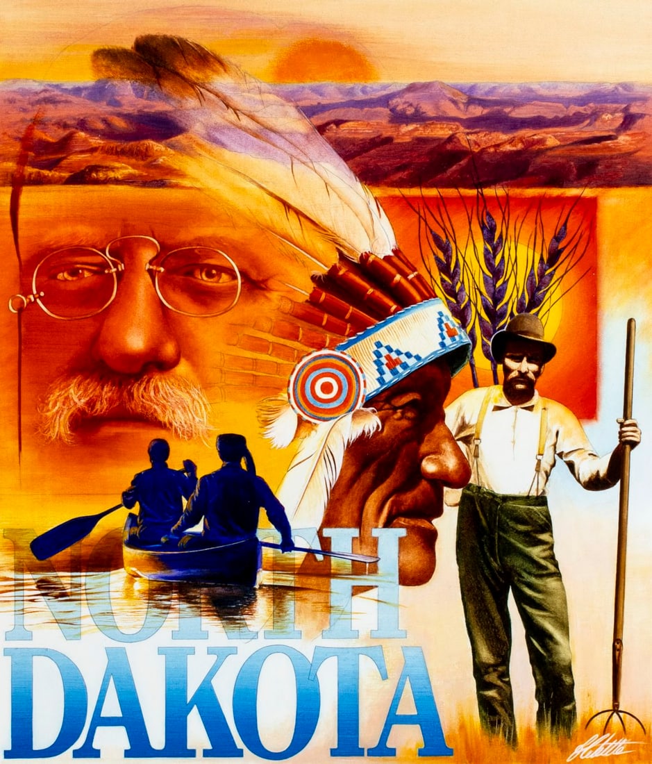 Ed Little (CT,b 1957) mixed media painting: ARTIST: Ed Little (Connecticut, born 1957) TITLE: North Dakota Centennial YEAR: 1989 MEDIUM: mixed media on board CONDITION: Very good. No visible inpain