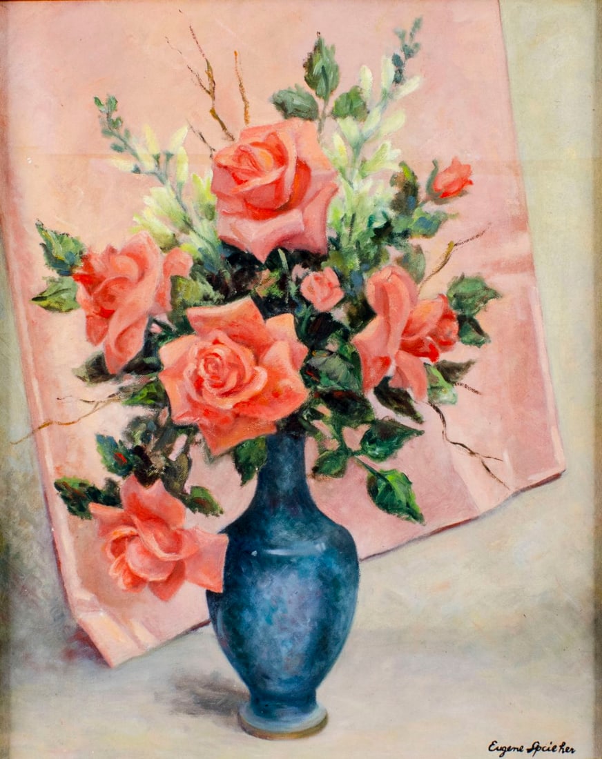 ATTR Eugene Speicher (NY,1883-1962) oil painting: ARTIST: ATTRIBUTED TO Eugene Speicher (New York, 1883 - 1962) TITLE: Still Life with Vase of Roses MEDIUM: oil on canvas board CONDITION: Few minor paint losse