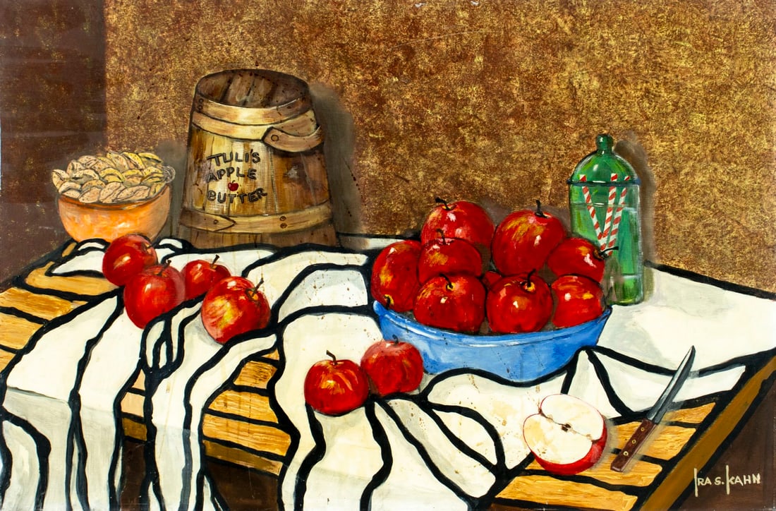 Ira S Kahn (US,20C) oil painting: ARTIST: Ira S Kahn (American, 20 century) TITLE: Still Life with Apples MEDIUM: oil on board CONDITION: Minor damages to the right corners. Some scratches. No visible inpain