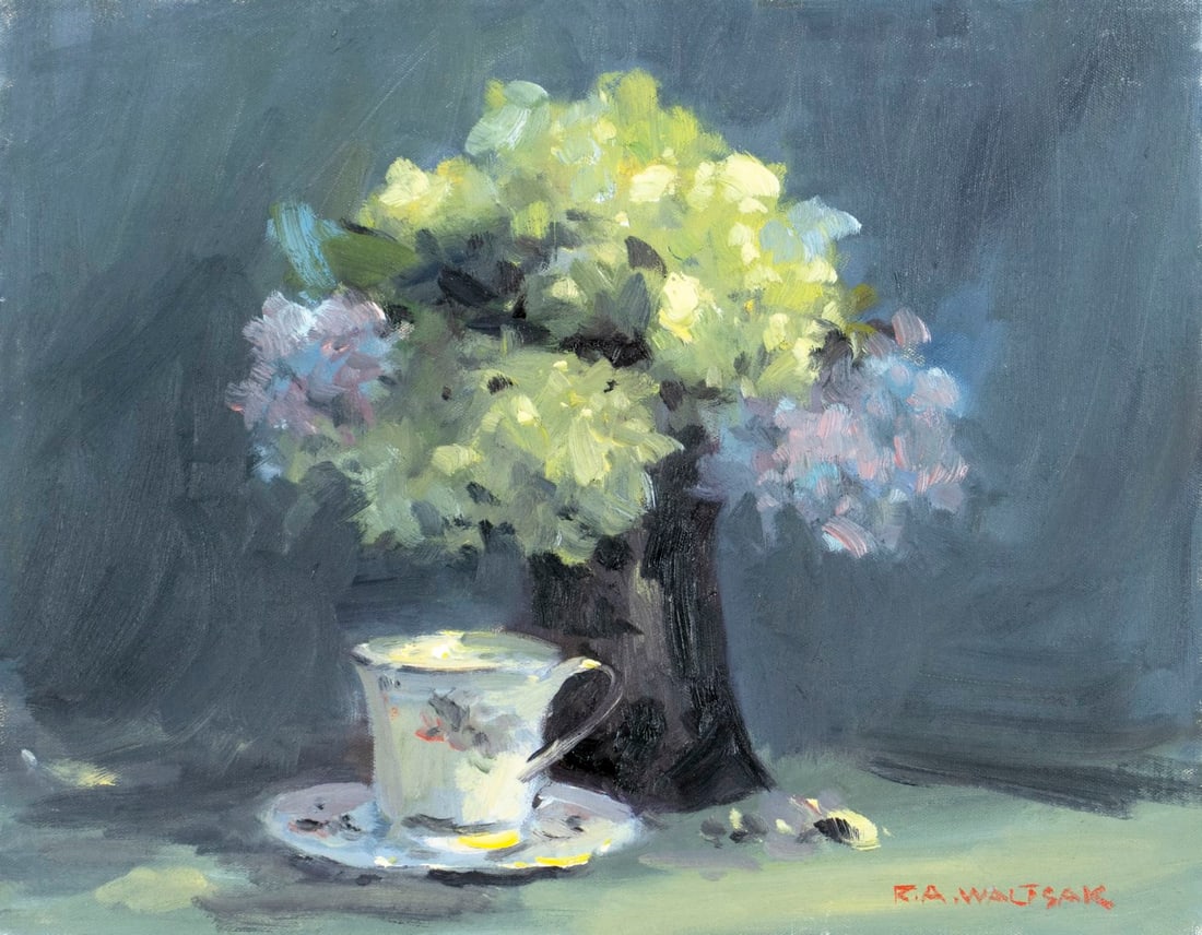 Robert Waltsak (NJ,b 1944) oil painting: ARTIST: Robert Alan Waltsak (New Jersey, born 1944) TITLE: Still Life with Tea Cup and Vase of Flowers MEDIUM: oil on canvas CONDITION: Overall good. No visible