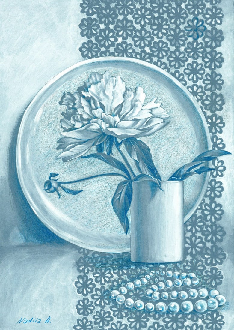 Nadiia Afanasyenko (Ukraine,20/21C) mixed media painting: ARTIST: Nadiia Afanasyenko (Ukrainian, 20/21 centuries) TITLE: Still Life with Peony Flower MEDIUM: mixed media on heavy paper CONDITION: Very good.