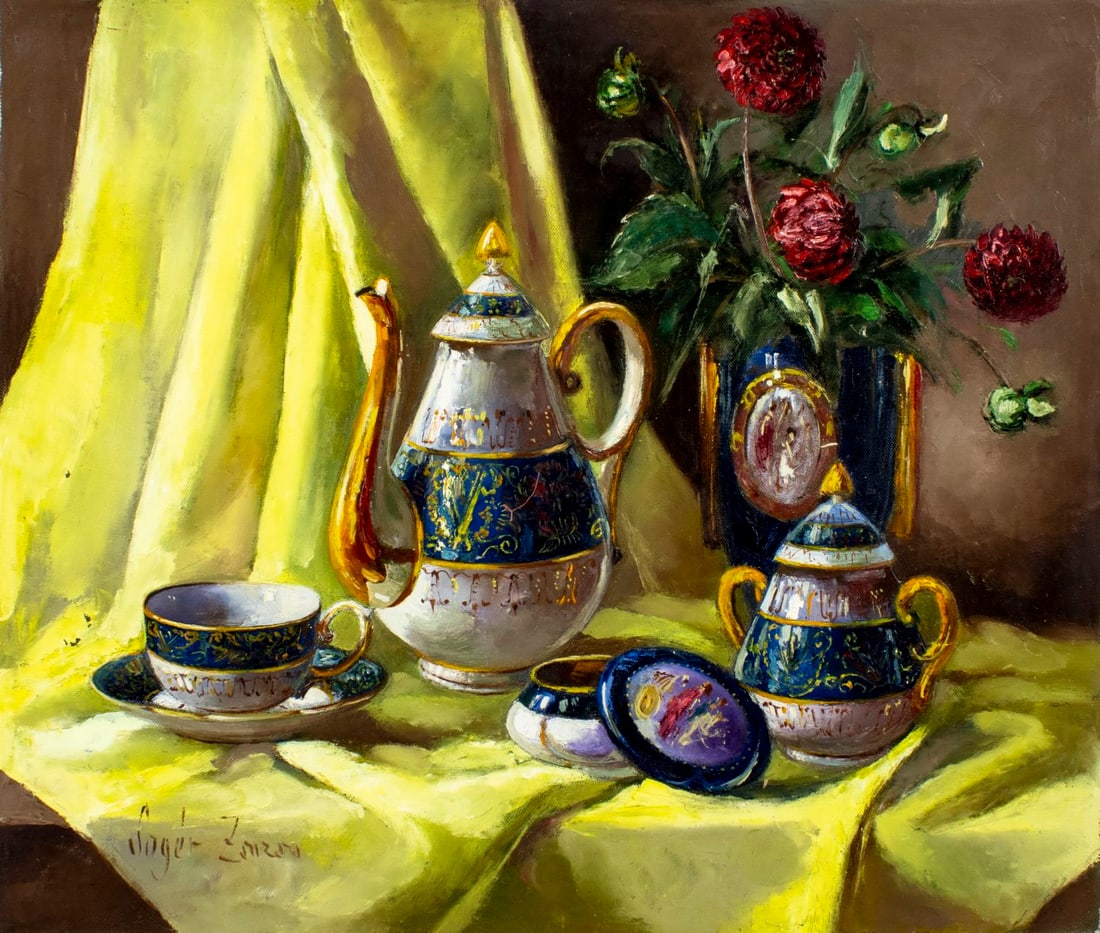 Zsuzsanna Suger (Hungary,1939-?) oil painting: ARTIST: Zsuzsanna Suger (Hungarian, 1939 - ???) TITLE: Still Life with Vase of Flowers and Tea Set MEDIUM: oil on canvas CONDITION: Unstretched (In-House stretching availa