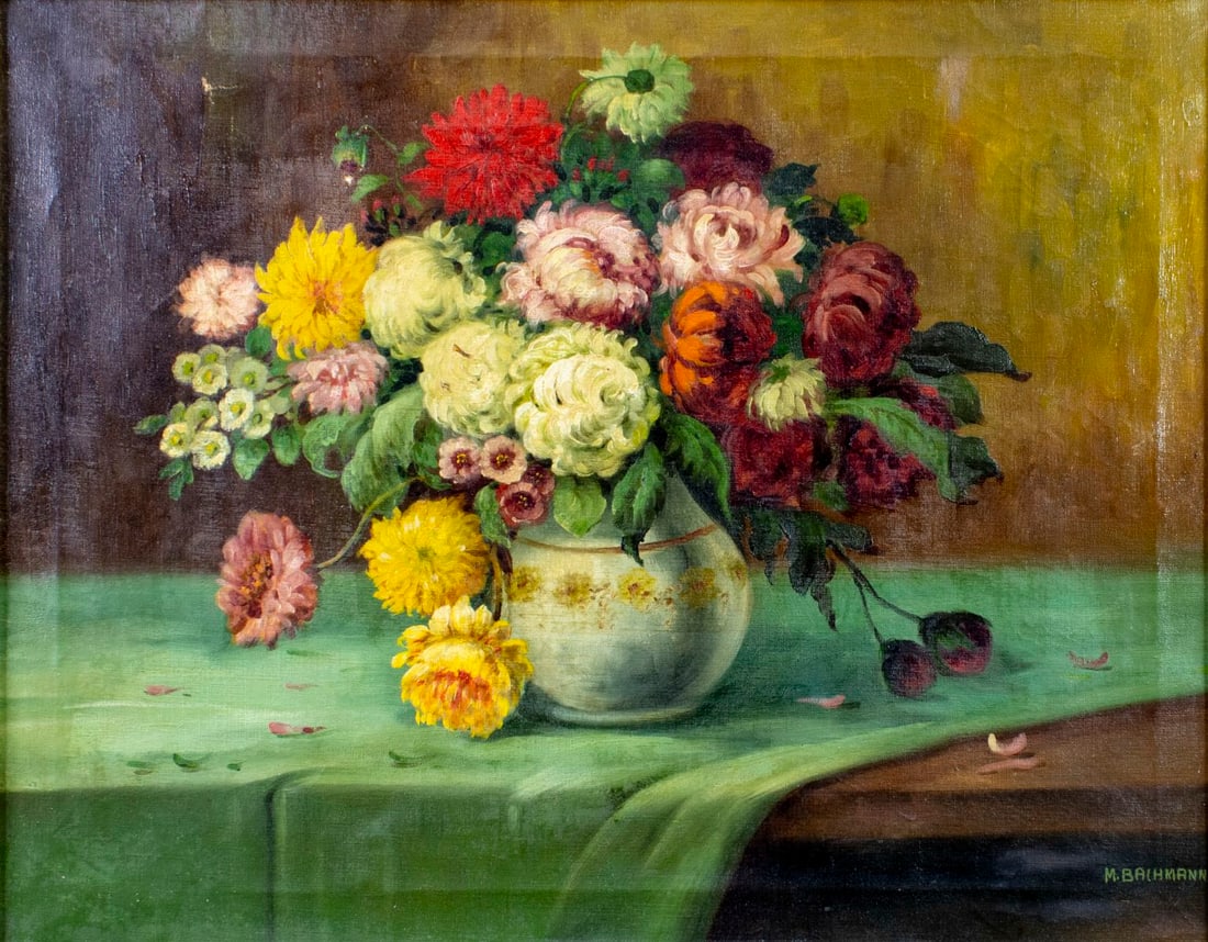 M Bachmann (US,mid 20C) oil painting: ARTIST: M Bachmann (American, mid 20 century) TITLE: Still Life with Vase of Flowers MEDIUM: oil on canvas CONDITION: Some patches. Some paint losses. Some craquelure. Some
