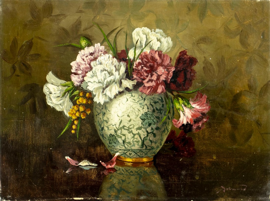 Antique early 20C European oil painting signed: ARTIST: - (Europe, early 20 century) TITLE: Still Life with Vase of Flowers MEDIUM: oil on canvas CONDITION: One patch. Minor damages to corners of the canvas.