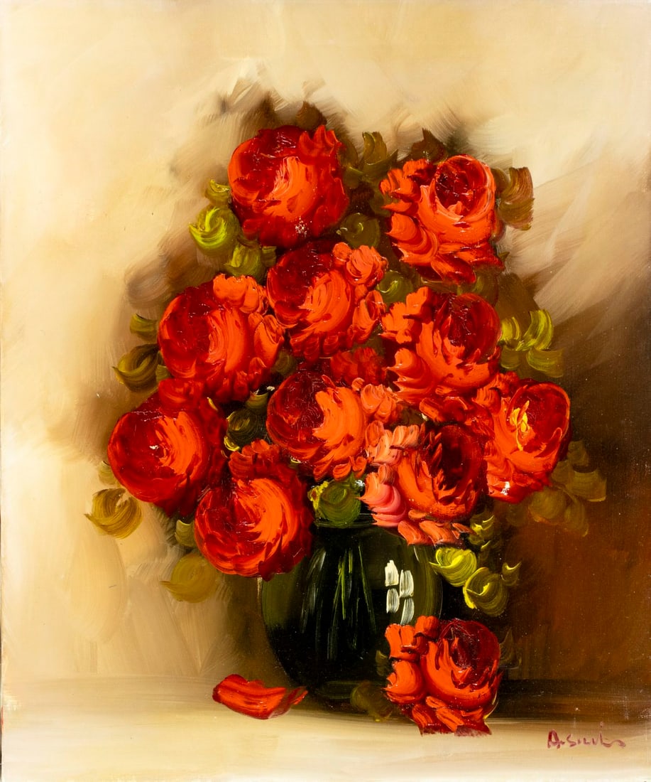 A Shir (Europe,20C) oil painting: ARTIST: A Shir (European, 20 century) TITLE: Still Life with Vase of Red Flowers MEDIUM: oil on canvas CONDITION: Minor craquelure. No visible inpaint under UV