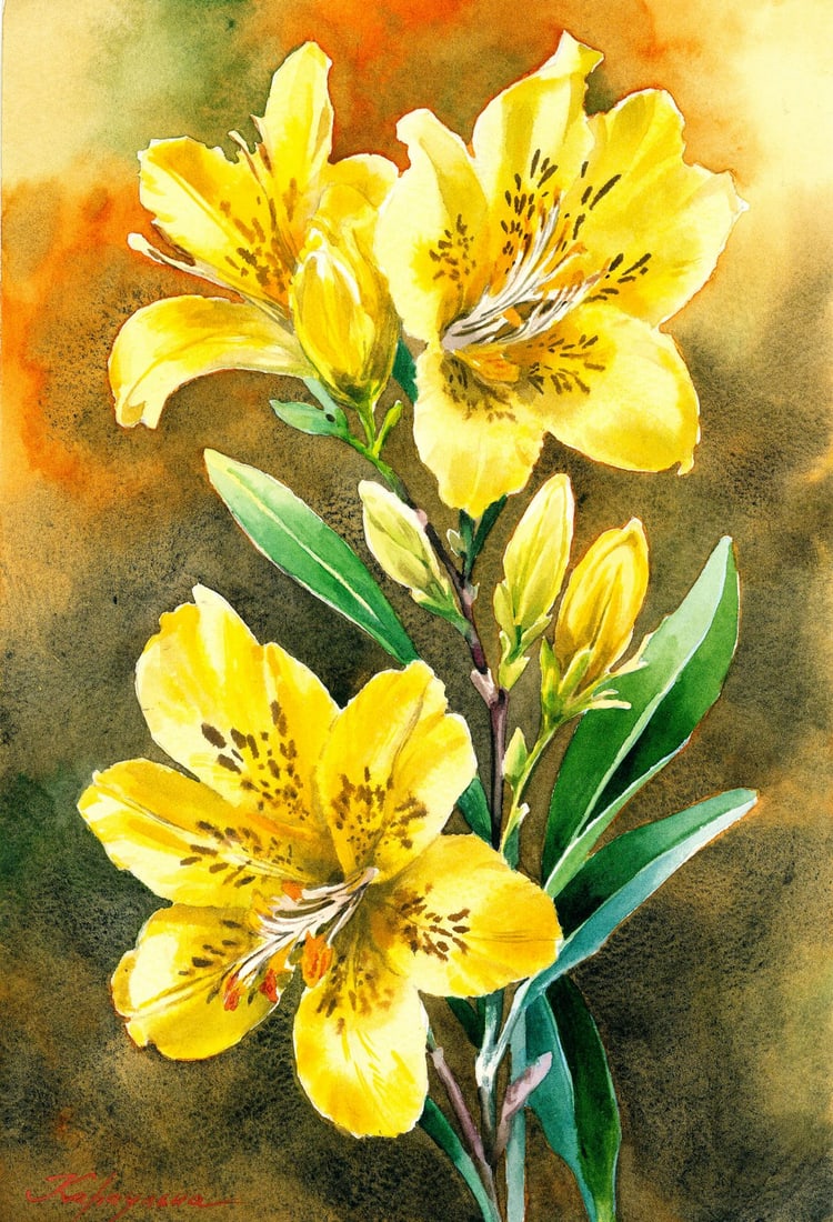 Aleksandra Karaulna (Ukraine,20/21C) watercolor painting: ARTIST: Aleksandra Karaulna (Ukrainian, 20/21 centuries) TITLE: Still Life with Flowers MEDIUM: watercolor on heavy paper CONDITION: Very good. AR