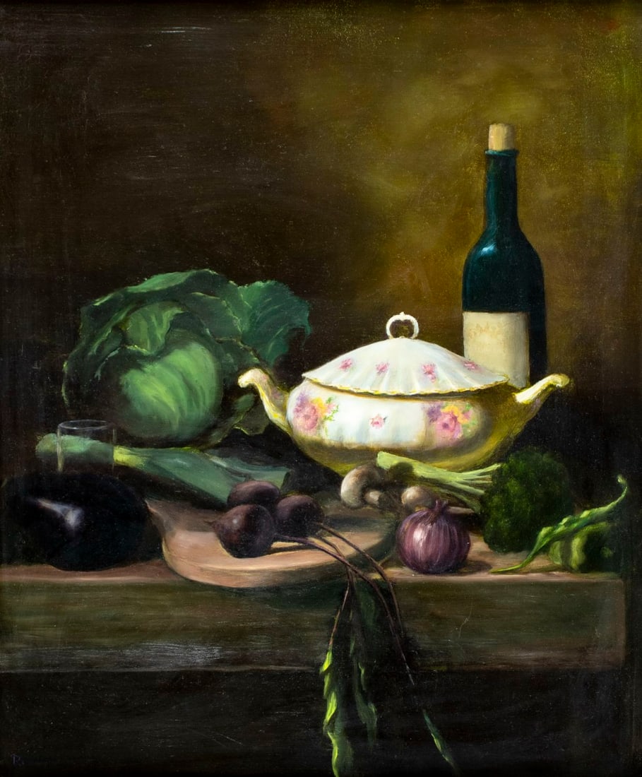 R Serrapica (US,20C) oil painting: ARTIST: R Serrapica (American, 20 century) TITLE: Tabletop Still Life MEDIUM: oil on canvas CONDITION: One pinhole by the lower edge. Few minor scratches. Very m