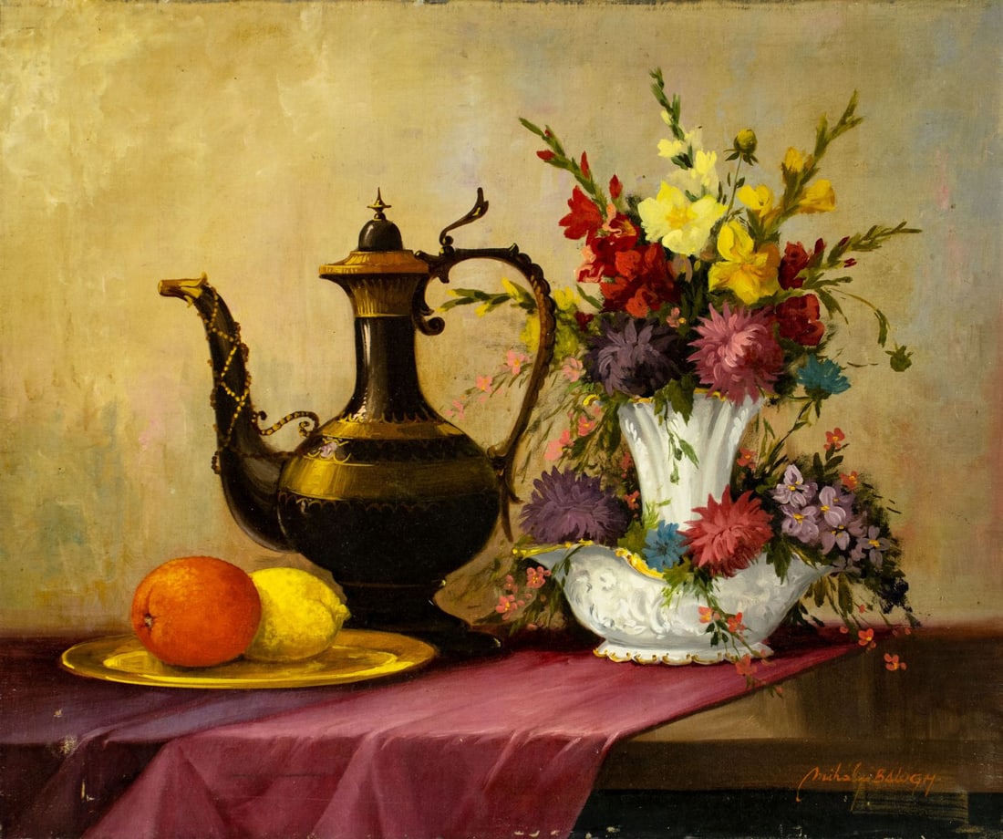 Mihaly Balogh (Hungary,20C) oil painting: ARTIST: Mihaly Balogh (Hungarian, 20 century) TITLE: Still Life with Kettle, Fruit and Flowers MEDIUM: oil on canvas CONDITION: One small patch. Minor scratches/