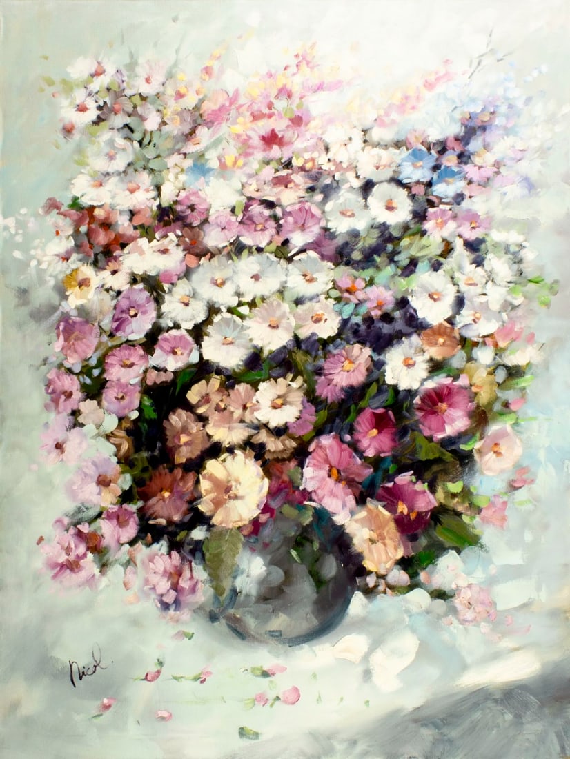 A Nicol (20C) oil painting: ARTIST: A Nicol (20 century) TITLE: Still Life with Vase of Flowers MEDIUM: oil on canvas CONDITION: Unstretched (In-House stretching available) (In-House stretching availab
