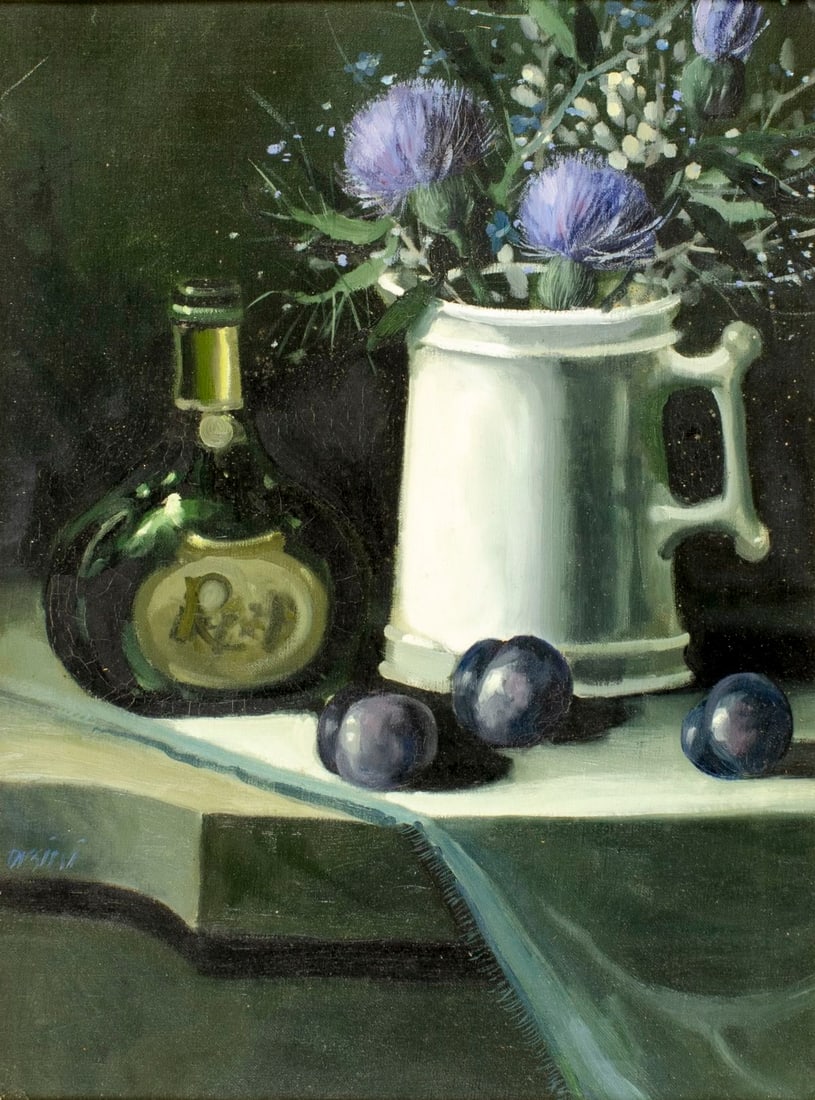 Orsini (US,20C) oil painting: ARTIST: Orsini (American, 20 century) TITLE: Still Life with Bottle, Plums and Flowers MEDIUM: oil on canvas CONDITION: Few small scratches/paint losses. Some cr