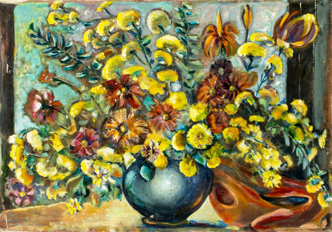 Vintage mid 20C American oil painting: ARTIST: - (American, mid 20 century) TITLE: Still Life with Vase of Flowers MEDIUM: oil on canvas CONDITION: Some scratches/paint losses. Minor craquelure. No