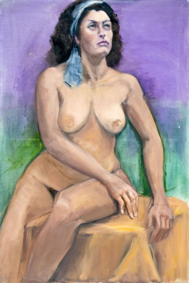 Penny Purpura (US,20C) oil painting: ARTIST: Penny Purpura (American, 20 century) TITLE: Seated Nude MEDIUM: oil on canvas CONDITION: One small scratch by the right edge. No visible inpaint under UV