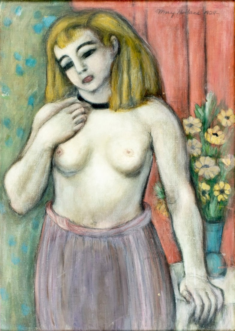 Mary Eck Holland (KS,early 20C) oil painting antique: ARTIST: Mary Eck Holland (Kansas, early 20 century) TITLE: Female Semi Nude YEAR: 1929 MEDIUM: oil on canvas CONDITION: Few pinholes mostly along the upp