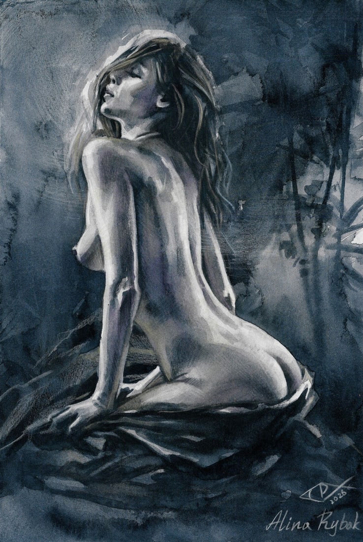Alina Rybak (Ukraine,b 1996) watercolor painting: ARTIST: Alina Rybak (Ukrainian, born 1996) TITLE: Kneeling Nude MEDIUM: watercolor on heavy paper CONDITION: Very good. ART SIZE: 12 x 8