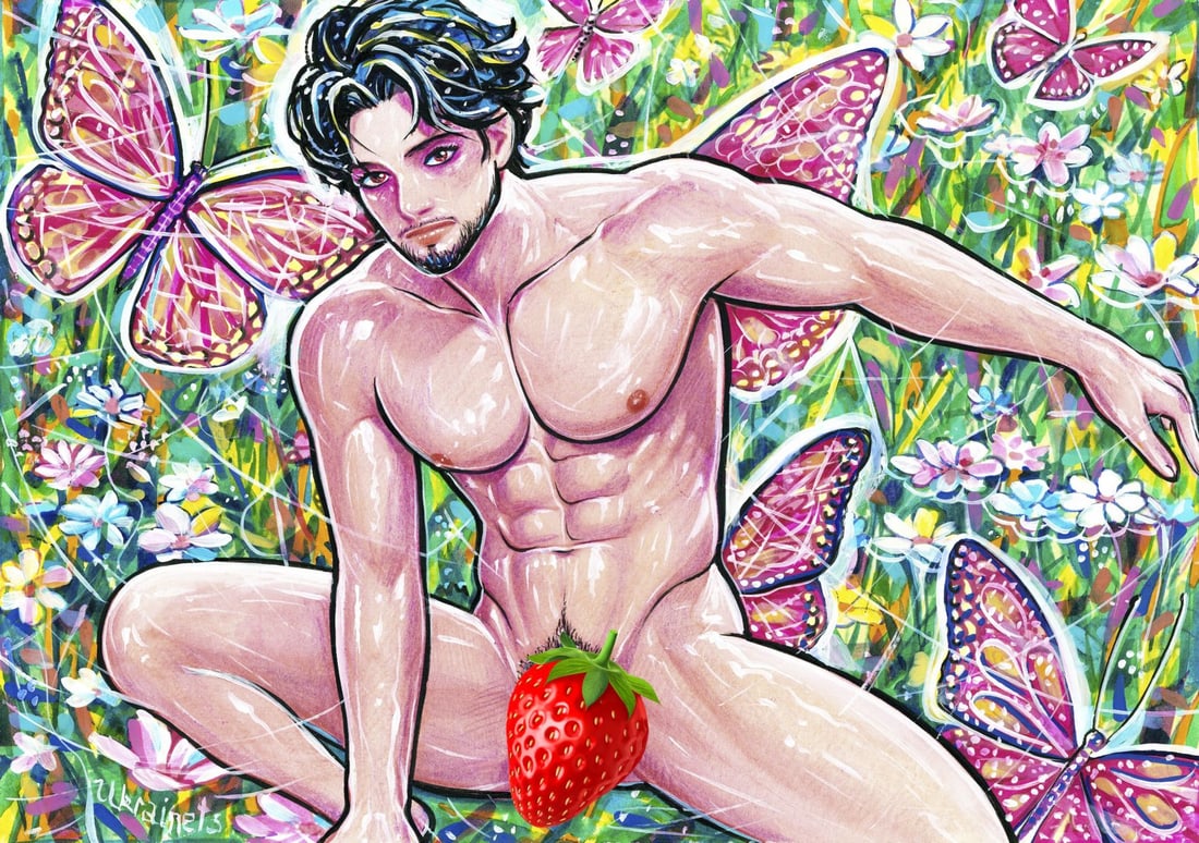 Alex Ukrainets (Ukraine,b 2001) mixed media painting: ARTIST: Alex Ukrainets (Ukrainian, born 2001) TITLE: Male Nude - Lightness of Being (titled on verso) MEDIUM: mixed media on heavy paper CONDITION: Very good.