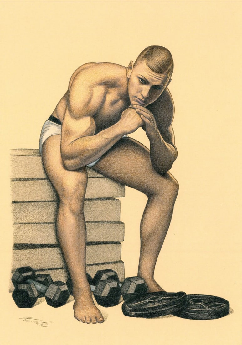 Rene Prudlo (Germany,b 1974) colored pencil painting: ARTIST: Rene Prudlo (German, born 1974) TITLE: Seated Male Nude MEDIUM: colored pencil on heavy paper CONDITION: Very good. ART SIZE: 12