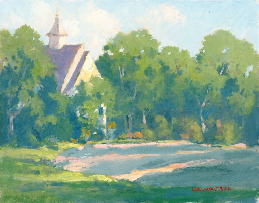 Robert Waltsak (NJ,b 1944) oil painting: ARTIST: Robert Alan Waltsak (New Jersey, born 1944) TITLE: Landscape with House MEDIUM: oil on board CONDITION: Overall good. No visible inpaint under UV light. Normal wear