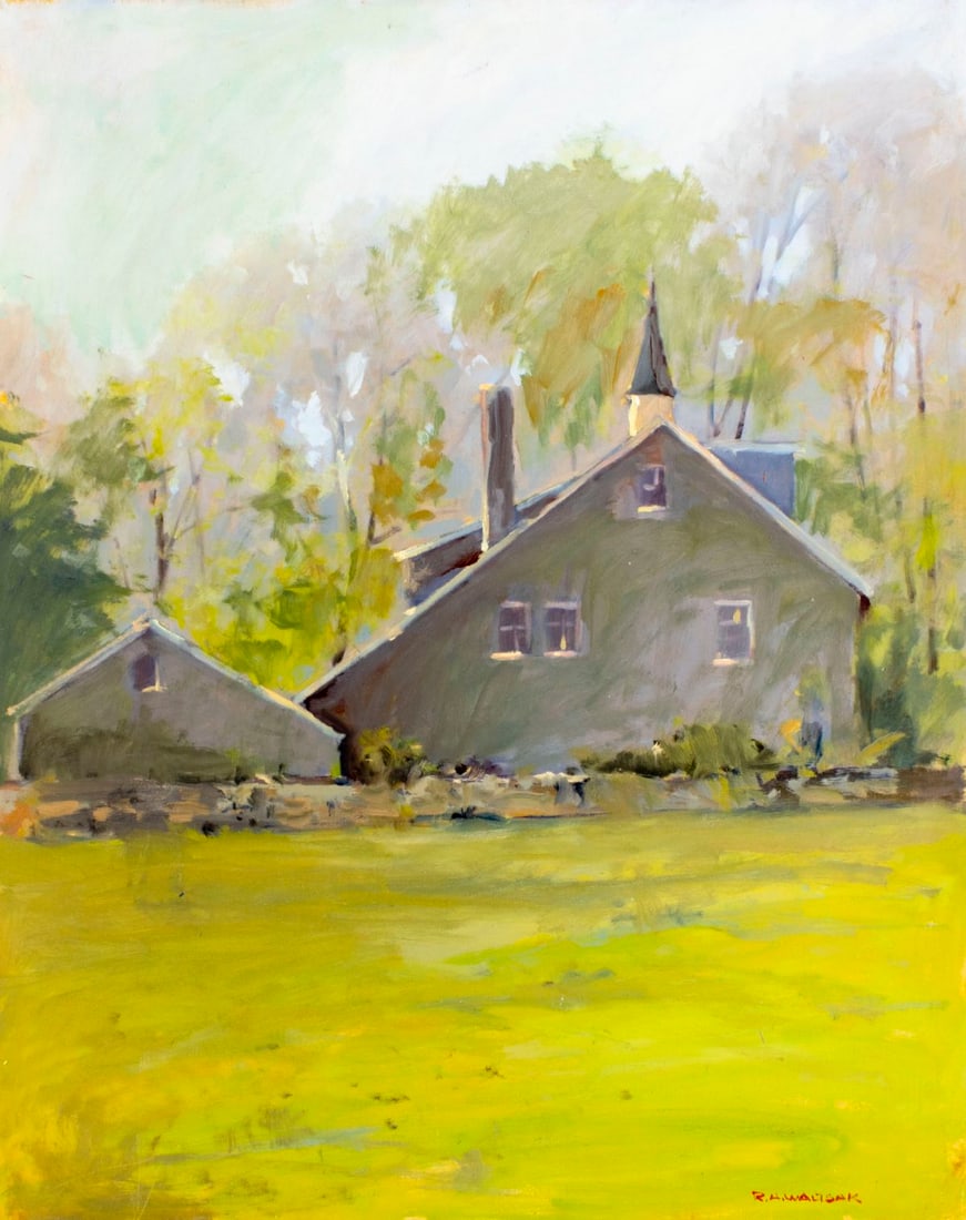 Robert Waltsak (NJ,b 1944) oil painting: ARTIST: Robert Alan Waltsak (New Jersey, born 1944) TITLE: Landscape with Cottage MEDIUM: oil on board CONDITION: Few minor scratches/paint losses. No visible inpaint under