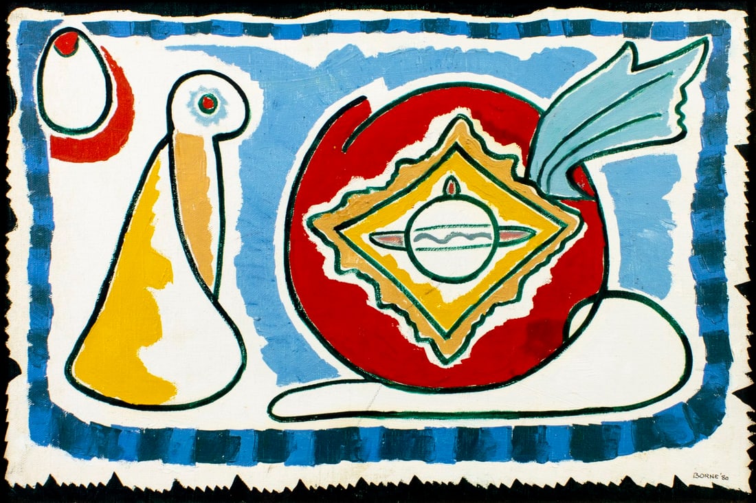 Mortimer Borne (NY,Poland,1902-1987) oil painting: ARTIST: Mortimer Borne (New York, Polish, 1902 - 1987) TITLE: Abstract Composition YEAR: 1980 MEDIUM: oil on canvas CONDITION: Few faint scratches/minor