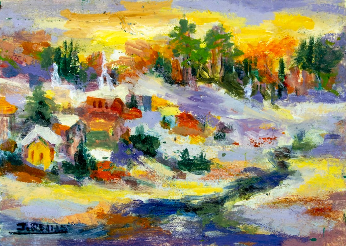 John Reilly (NY,NJ,1942-2021) oil painting: ARTIST: John Reilly (New York, New Jersey, 1942 - 2021) TITLE: Winter Village Landscape MEDIUM: oil on board CONDITION: Some small scratches/paint losses mostly in the upp