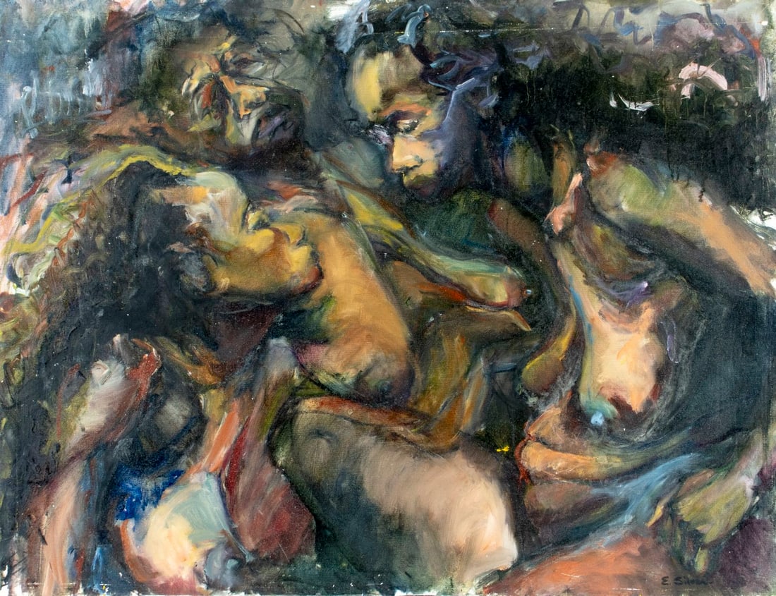 Elizabeth Silver (CA,20C) oil painting: ARTIST: Elizabeth Silver (California, 20 century) TITLE: Female Nudes YEAR: 1990 MEDIUM: oil on canvas CONDITION: Some small damages to the upper egde of