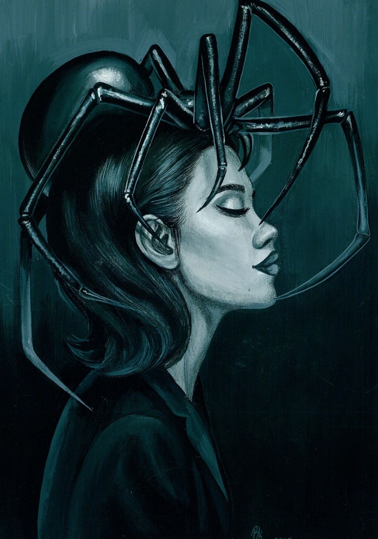 Kateryna Vitrenko (Ukraine,b 2003) acrylic painting: ARTIST: Kateryna Vitrenko (Ukrainian, born 2003) TITLE: Black Widow MEDIUM: acrylic on heavy paper CONDITION: Very good. ART SIZE: 12 x 8 inches / 30 x 2