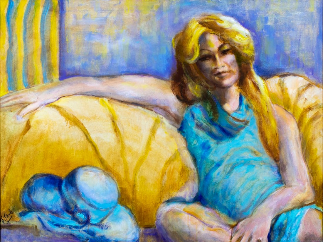 Thelma Thal (NY,1903-2001) oil painting: ARTIST: Thelma Thal (New York, 1903 - 2001) TITLE: Woman on Sofa MEDIUM: oil on canvas CONDITION: Very good. No visible inpaint under UV light. Wear to frame. AR