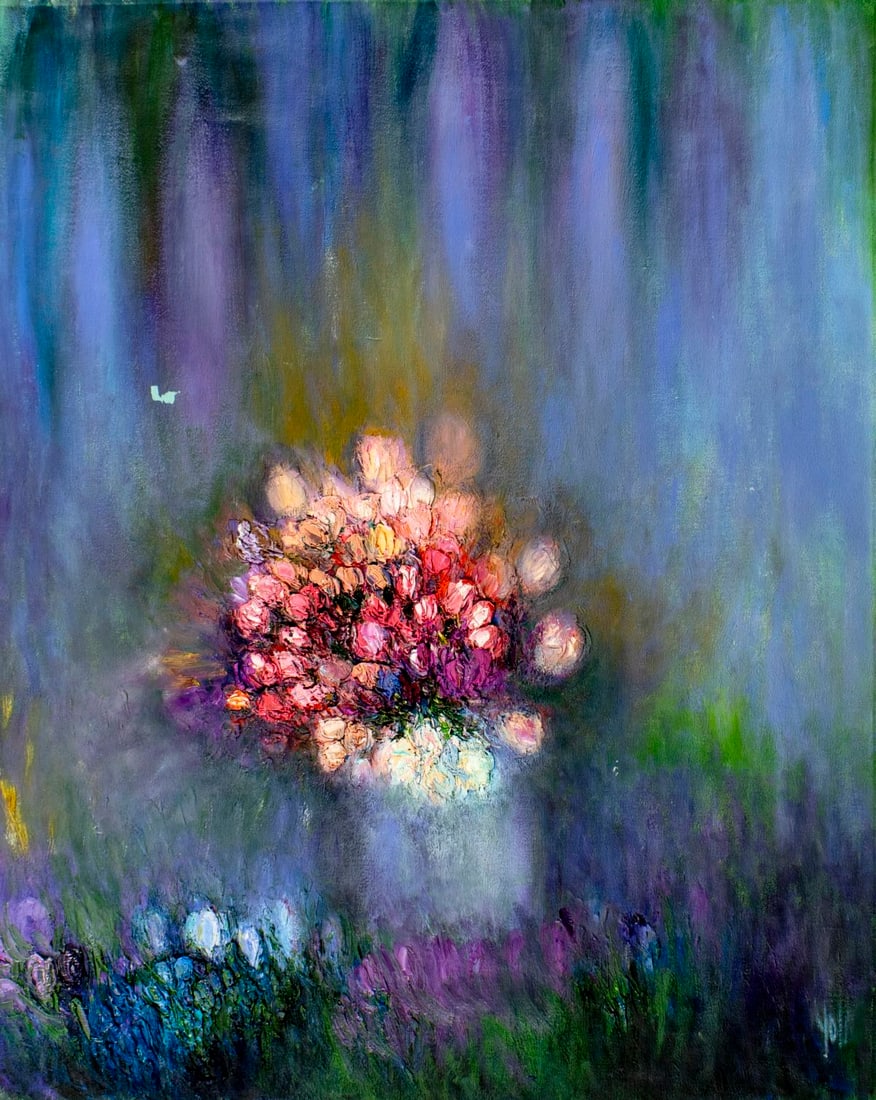 Yolanda Razzeto (Peru,1948-?) oil painting: ARTIST: Yolanda Razzeto (Peruvian, 1948 - ???) TITLE: Floral Landscape MEDIUM: oil on canvas CONDITION: Unstretched (In-House stretching available) (In-House stretching av