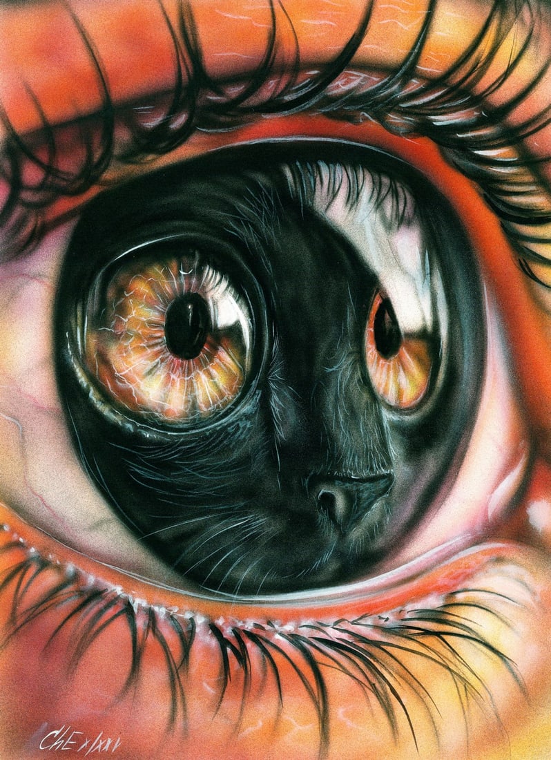 Evgeniy Chunikhin (Ukraine,b 1976) acrylic painting: ARTIST: Evgeniy Chunikhin (Ukrainian, born 1976) TITLE: Eye with Cat MEDIUM: acrylic on heavy paper CONDITION: Very good. ART SIZE: 16 x 12 inches / 41 x