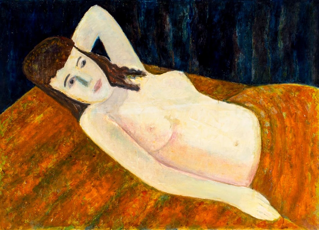 Mortimer Borne (NY,Poland,1902-1987) oil painting: ARTIST: Mortimer Borne (New York, Polish, 1902 - 1987) TITLE: Reclining Nude MEDIUM: oil on canvas CONDITION: Few small scratches/paint losses. No visible inpaint under UV l