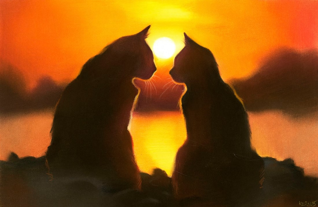 Olga Kuznezova (Ukraine,b 2000) pastel painting: ARTIST: Olga Kuznezova (Ukrainian, born 2000) TITLE: Two Cats at Sunset MEDIUM: pastel on heavy paper CONDITION: Very good. ART SIZE: 8 x 12 inches / 20