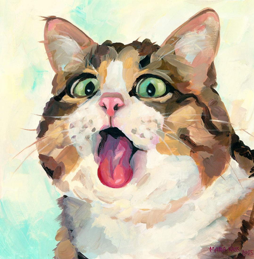 Maria Kasatkina (Ukraine,b 2003) oil painting: ARTIST: Maria Kasatkina (Ukrainian, born 2003) TITLE: Cat MEDIUM: oil on heavy paper CONDITION: Very good. No visible inpaint under UV light. ART SIZE: 1