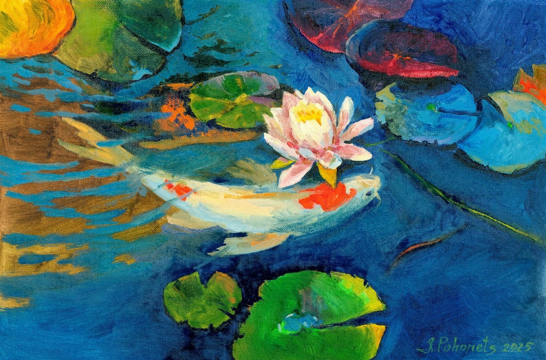 Ivana Pohonets (Ukraine,20/21C) oil painting: ARTIST: Ivana Pohonets (Ukrainian, 20/21 centuries) TITLE: Pond with Lotus and Fish MEDIUM: oil on heavy paper CONDITION: Very good. No visible inpaint under UV light.