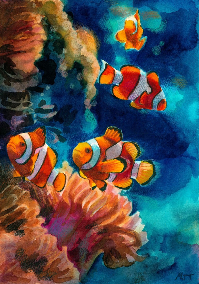 Tatiana Moiseenko (Ukraine,b 1997) watercolor painting: ARTIST: Tatiana Moiseenko (Ukrainian, born 1997) TITLE: Coral Reef Scene MEDIUM: watercolor on heavy paper CONDITION: Very good. ART SIZE: 13 x 9 inches