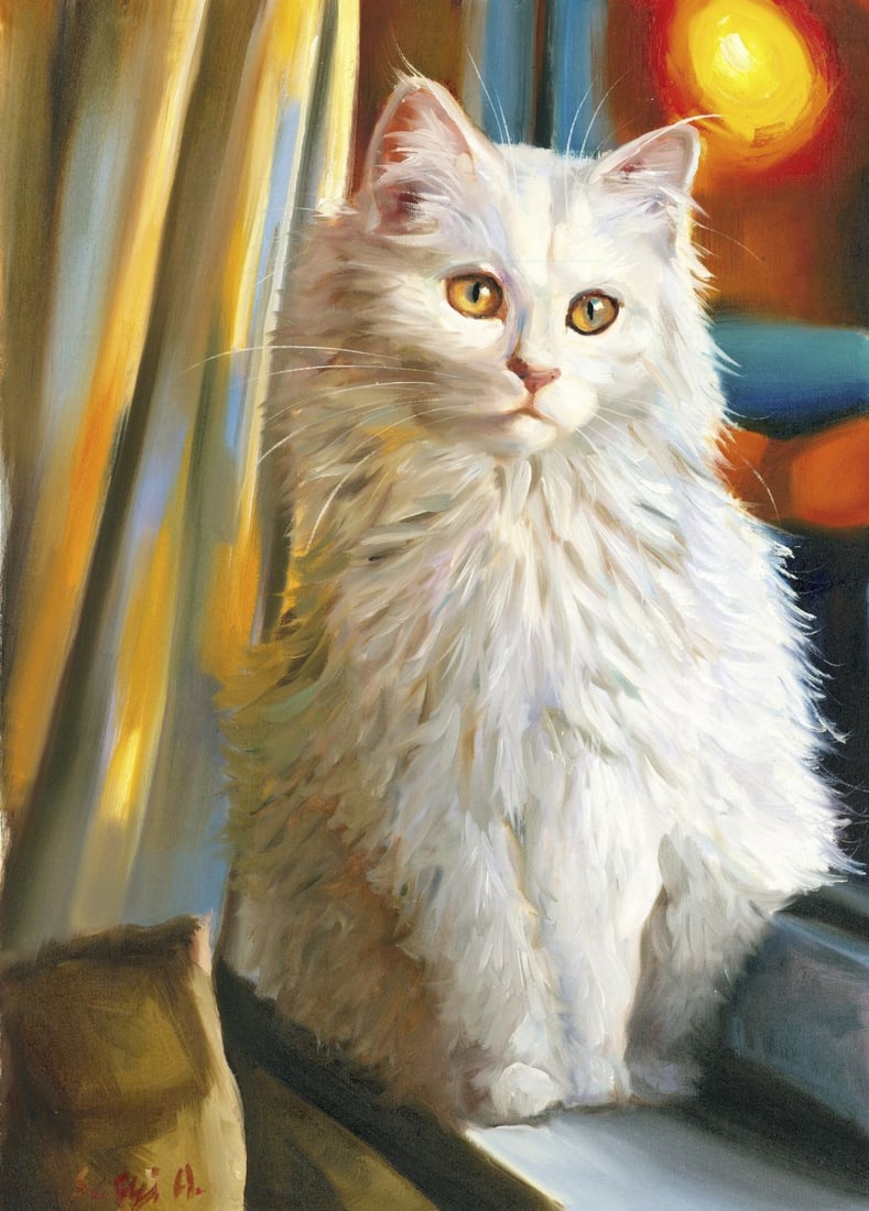 Alex Siryi (Ukraine,b 1997) oil painting: ARTIST: Alex Siryi (Ukrainian, born 1997) TITLE: White Cat MEDIUM: oil on canvas CONDITION: Unstretched (In-House stretching available). Very good. No visible inpaint under