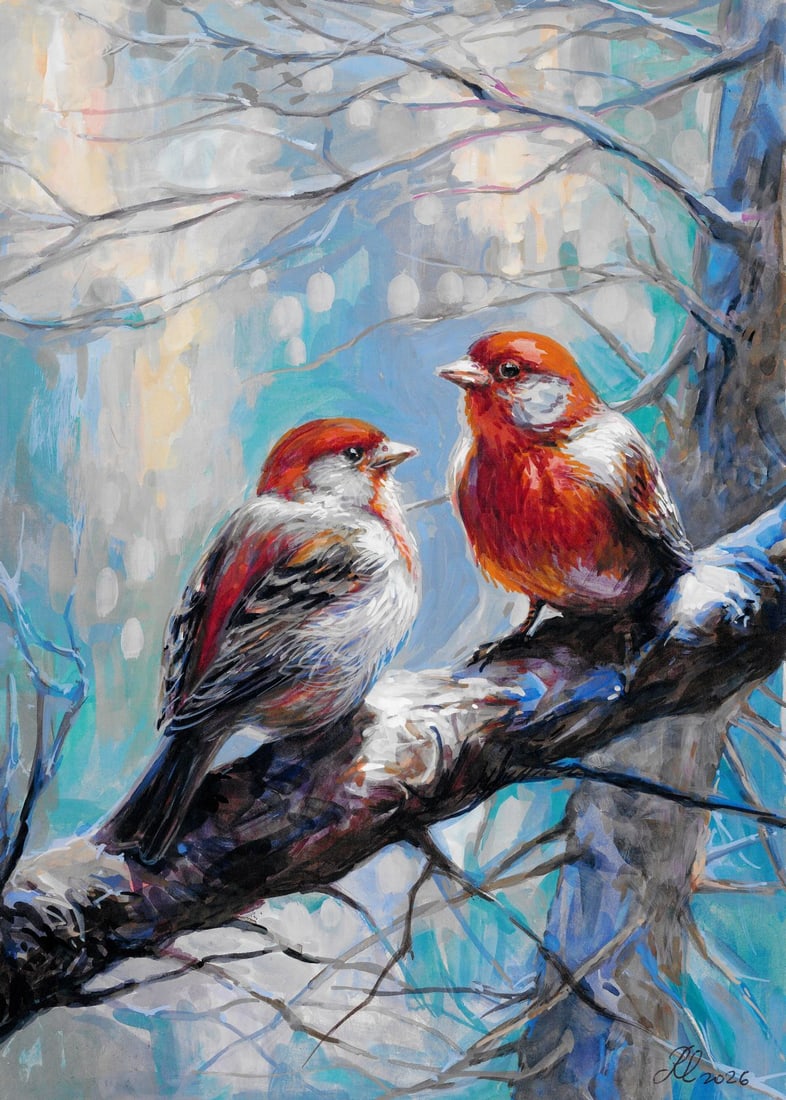 Lyudmila Rudenko (Ukraine,20/21C) watercolor painting: ARTIST: Lyudmila Rudenko (Ukrainian, 20/21 centuries) TITLE: Birds on Branch MEDIUM: watercolor on heavy paper CONDITION: Very good. ART SIZE: 12 x 8 inc