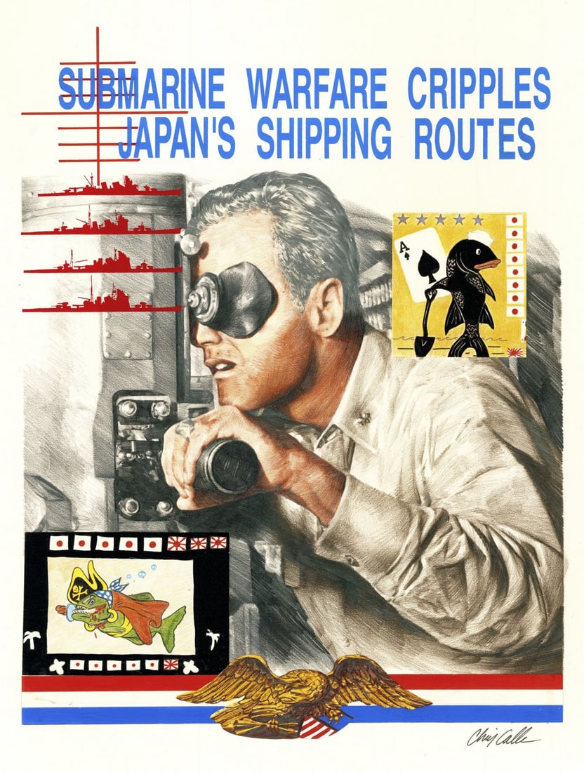 Chris Calle (CT,b 1961) colored pencil painting: ARTIST: Chris Calle (Connecticut, born 1961) TITLE: WWII - Submarines in the Pacific (titled on verso) YEAR: 1994 MEDIUM: colored pencil on board CONDITION: