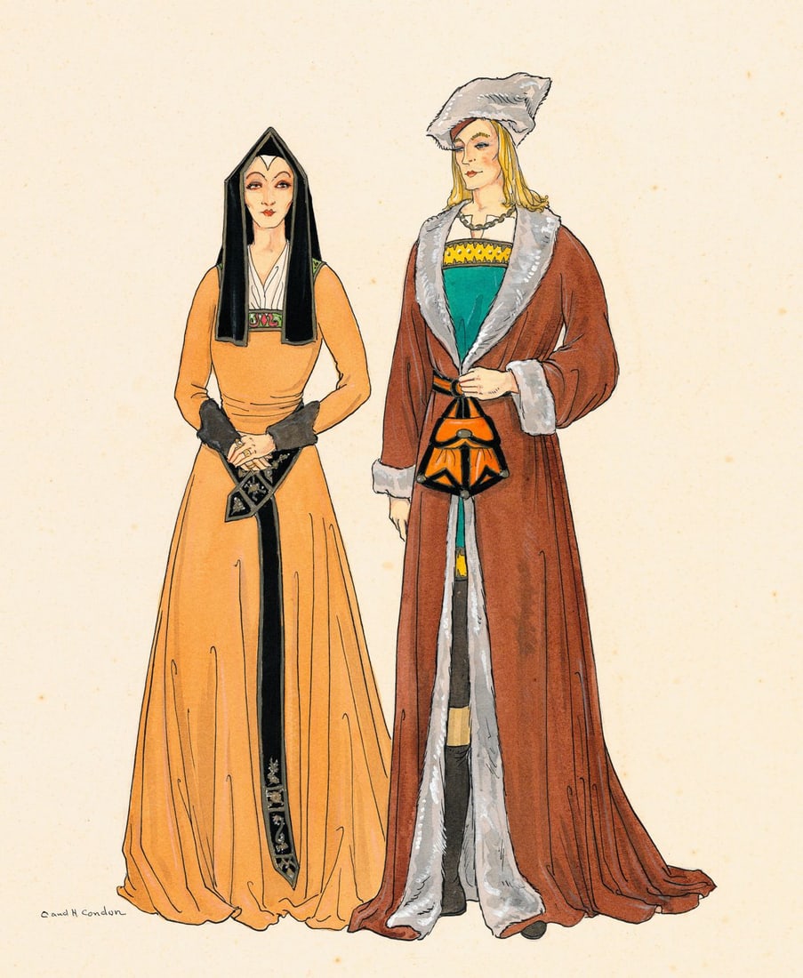 Hamilton Condon (US,Bahamas,early 20C) watercolor painting antique: ARTIST: Hamilton and Clarissa Condon (American, Bahamian, early 20 century) TITLE: British Costume Design - Middle Classes MEDIUM: watercolor on paper CONDITION: One small p